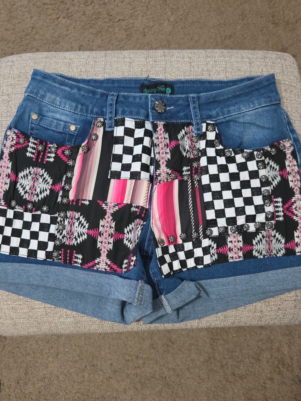 Sterling Kreek Patchwork Denim Jean Shorts with Pink & Black Panels